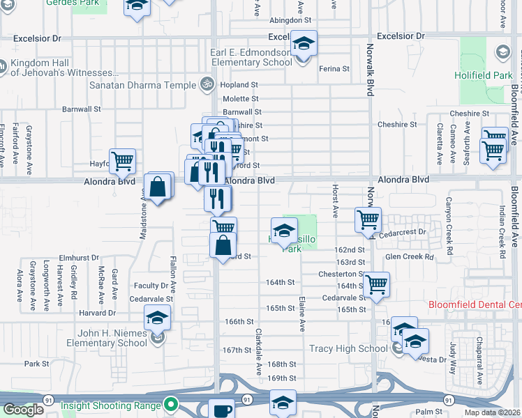 map of restaurants, bars, coffee shops, grocery stores, and more near 16004 Clarkdale Avenue in Norwalk