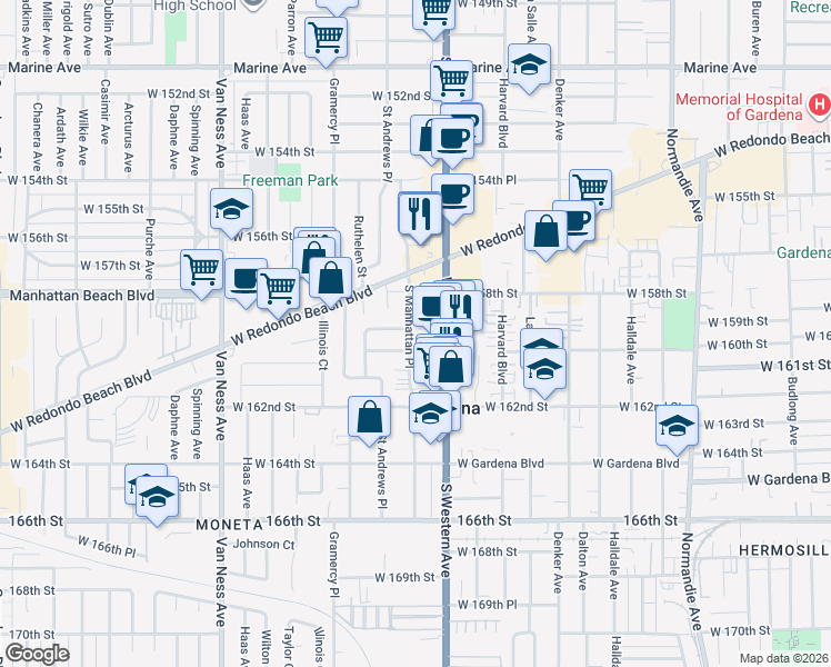 map of restaurants, bars, coffee shops, grocery stores, and more near 1847 West 159th Street in Gardena