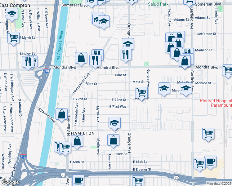 map of restaurants, bars, coffee shops, grocery stores, and more near 6803 Marcelle Street in Paramount