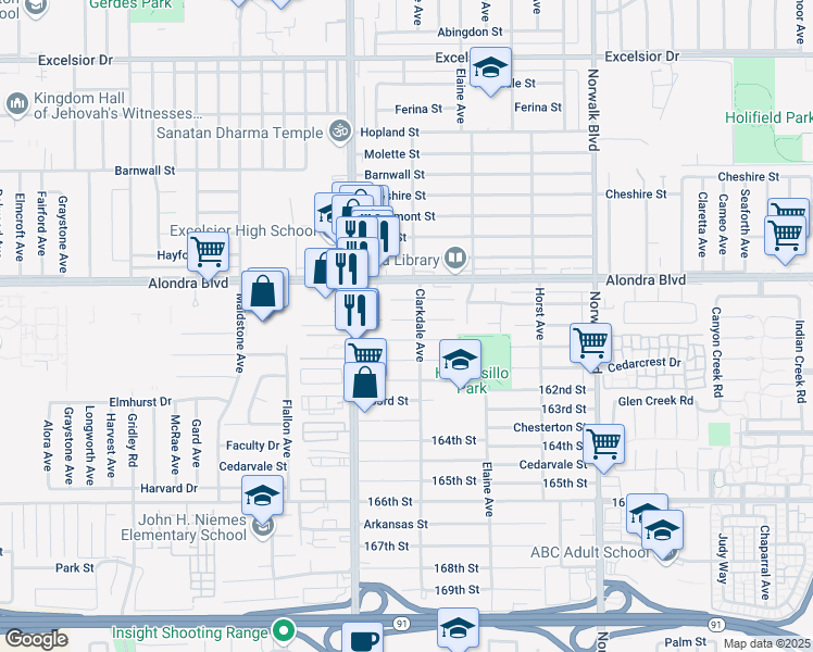 map of restaurants, bars, coffee shops, grocery stores, and more near 11873 160th Street in Norwalk
