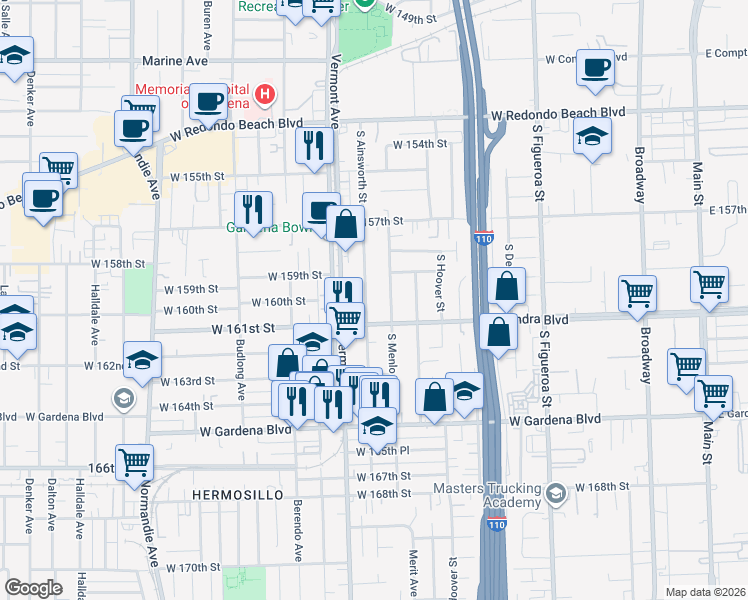 map of restaurants, bars, coffee shops, grocery stores, and more near 15920 South Ainsworth Street in Gardena