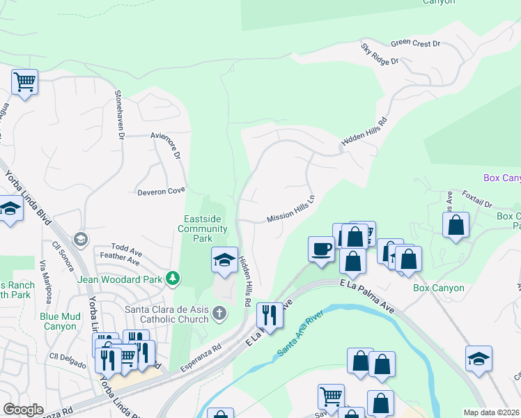 map of restaurants, bars, coffee shops, grocery stores, and more near 22255 Starlight Drive in Yorba Linda