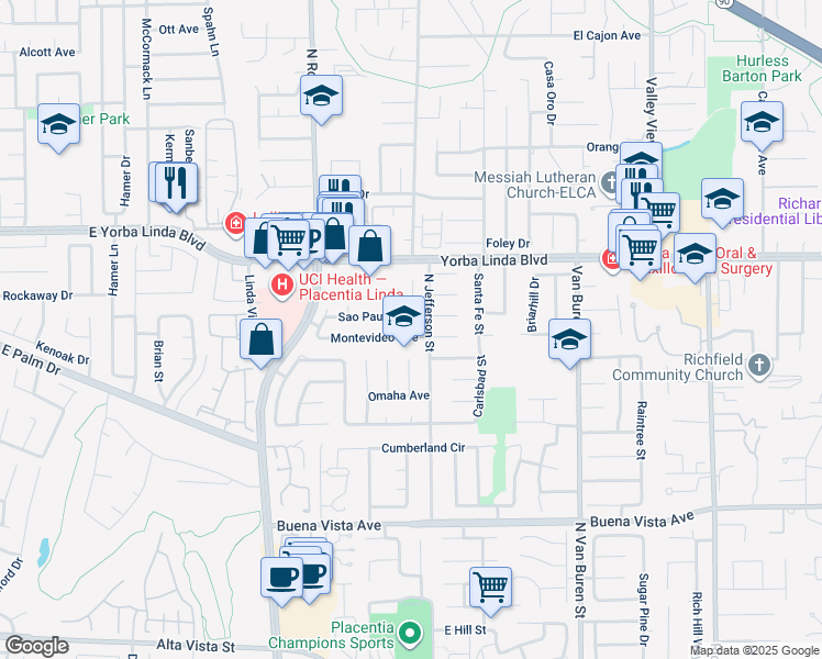 map of restaurants, bars, coffee shops, grocery stores, and more near 1343 Montevideo Avenue in Placentia