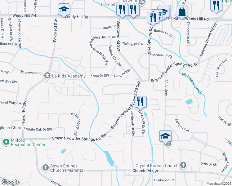 map of restaurants, bars, coffee shops, grocery stores, and more near 172 Timber Creek Lane Southwest in Marietta