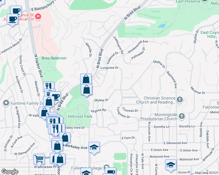 map of restaurants, bars, coffee shops, grocery stores, and more near Shadow Lane in Fullerton