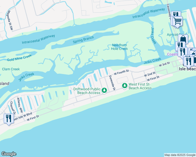 map of restaurants, bars, coffee shops, grocery stores, and more near 27 Driftwood Drive in Ocean Isle Beach