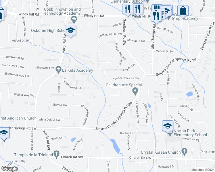 map of restaurants, bars, coffee shops, grocery stores, and more near 197 Timber Creek Lane Southwest in Marietta