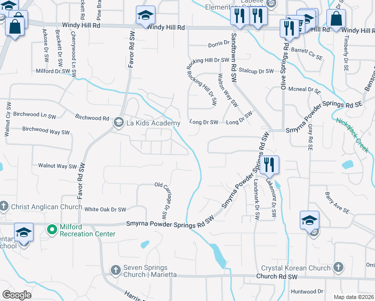 map of restaurants, bars, coffee shops, grocery stores, and more near 2571 Hammondton Road in Marietta