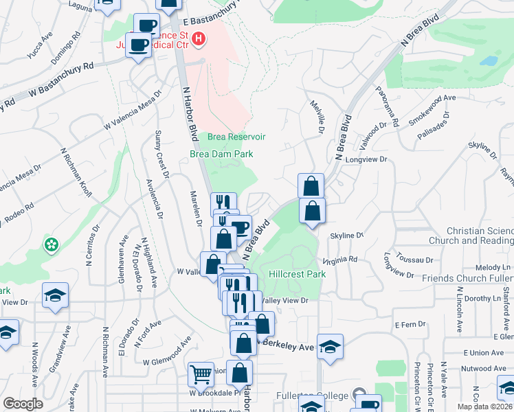 map of restaurants, bars, coffee shops, grocery stores, and more near 1422 Educators Way in Fullerton