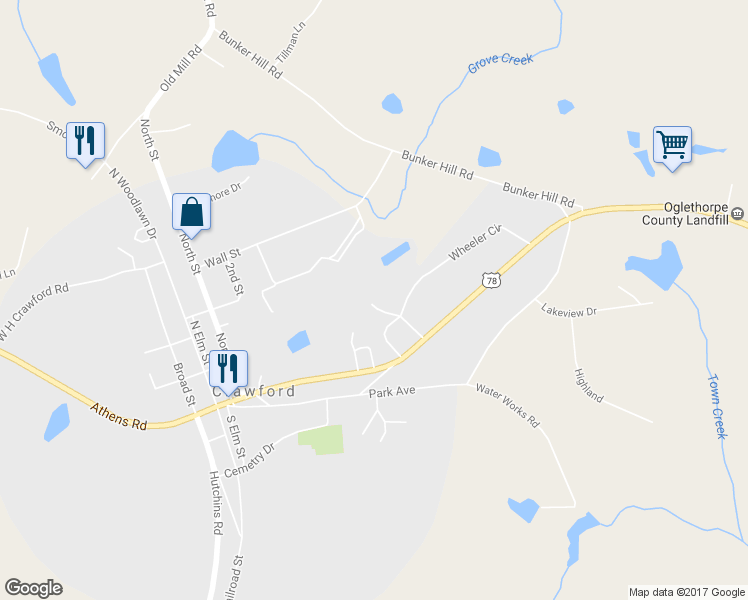 map of restaurants, bars, coffee shops, grocery stores, and more near 133 Wheeler Circle in Crawford