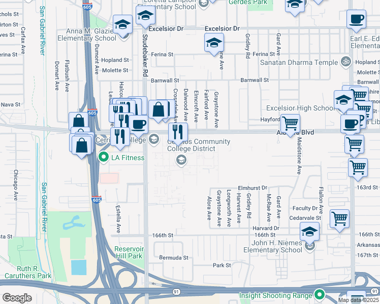 map of restaurants, bars, coffee shops, grocery stores, and more near 11110 Alondra Boulevard in Norwalk