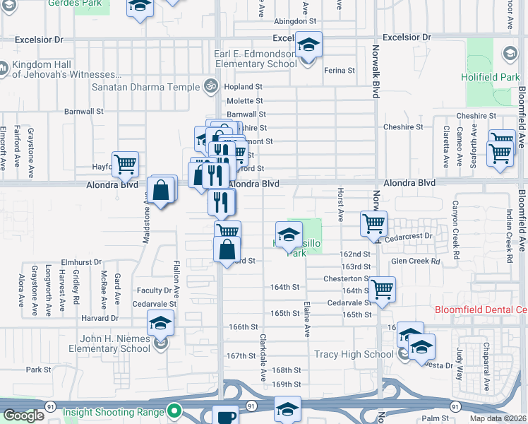 map of restaurants, bars, coffee shops, grocery stores, and more near 16004 Clarkdale Avenue in Norwalk