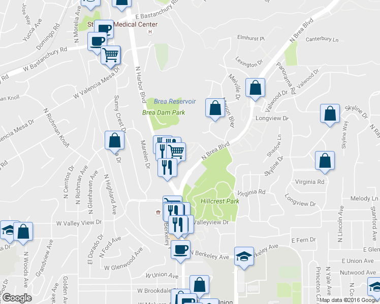 map of restaurants, bars, coffee shops, grocery stores, and more near 1422 Educators Way in Fullerton