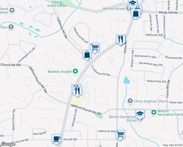 map of restaurants, bars, coffee shops, grocery stores, and more near 1012 Crest Ridge Place Southwest in Marietta