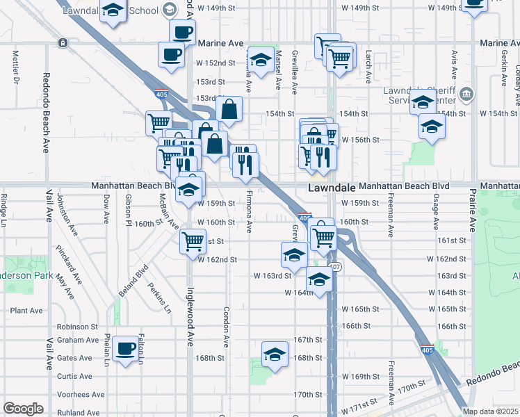 map of restaurants, bars, coffee shops, grocery stores, and more near 4564 West 159th Street in Lawndale