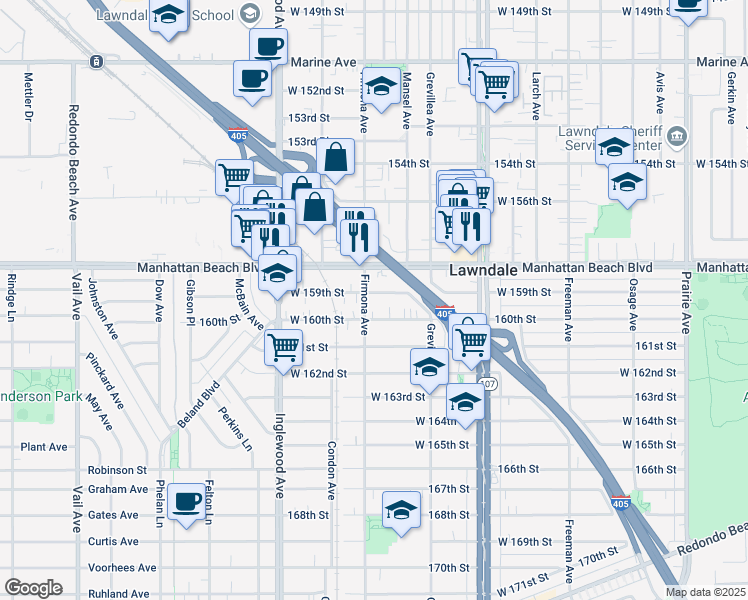 map of restaurants, bars, coffee shops, grocery stores, and more near 4579 West 159th Street in Lawndale