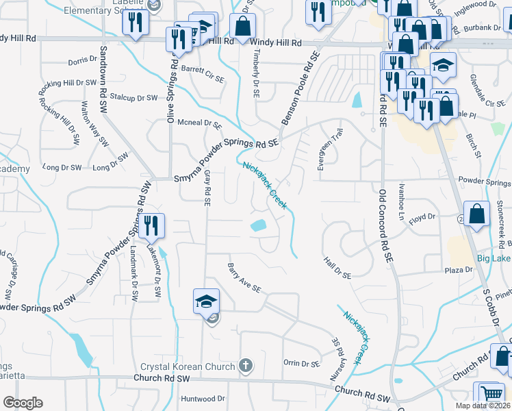 map of restaurants, bars, coffee shops, grocery stores, and more near 4718 Vineyard Court in Smyrna