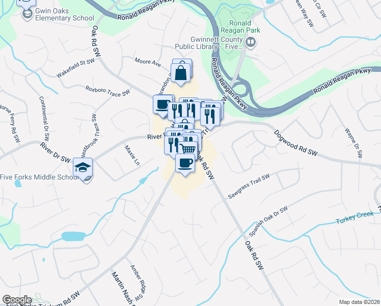map of restaurants, bars, coffee shops, grocery stores, and more near 907 Oak Road Southwest in Lilburn