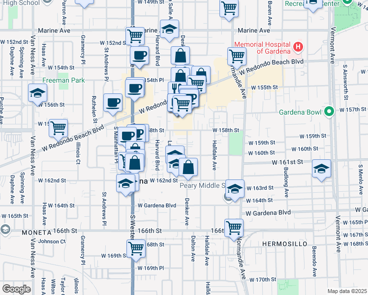 map of restaurants, bars, coffee shops, grocery stores, and more near 15903 Denker Avenue in Gardena