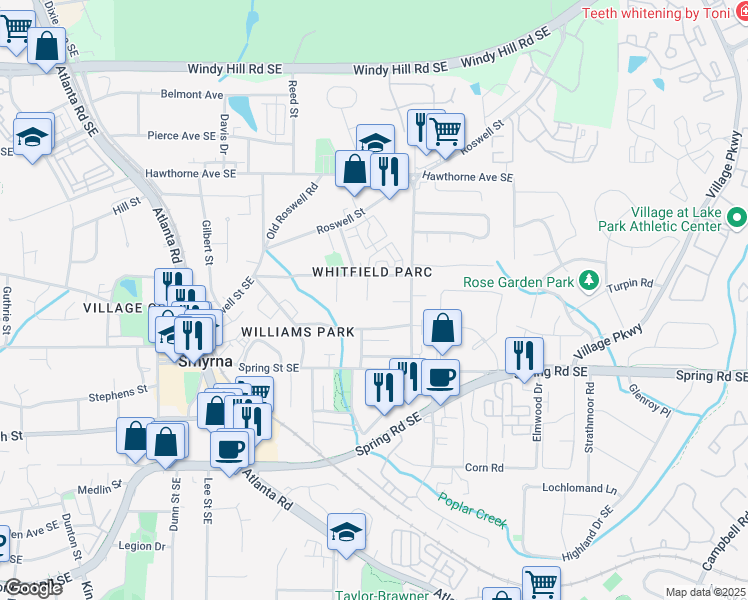 map of restaurants, bars, coffee shops, grocery stores, and more near 1039 Whitfield Court in Smyrna