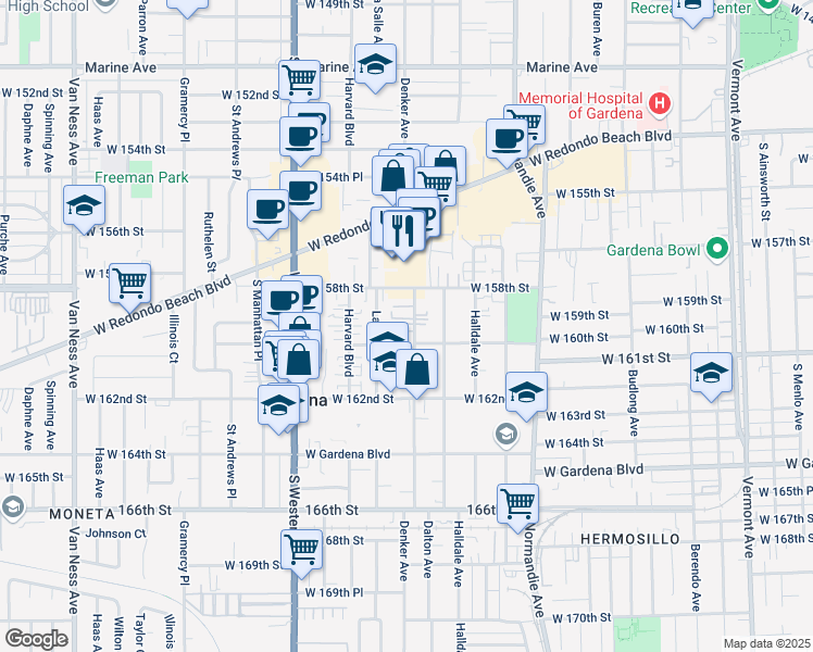map of restaurants, bars, coffee shops, grocery stores, and more near 15903 Denker Avenue in Gardena
