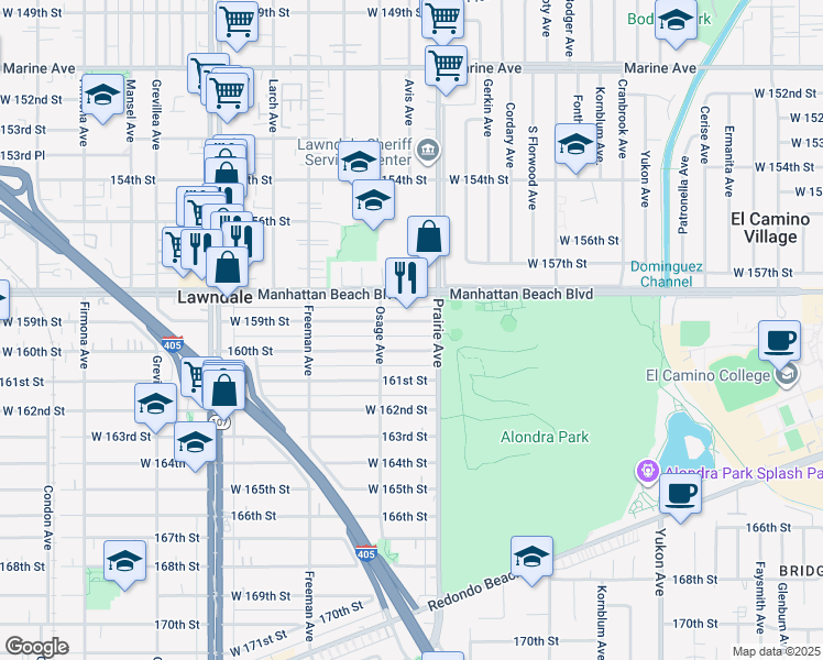 map of restaurants, bars, coffee shops, grocery stores, and more near 4030 159th Street in Lawndale