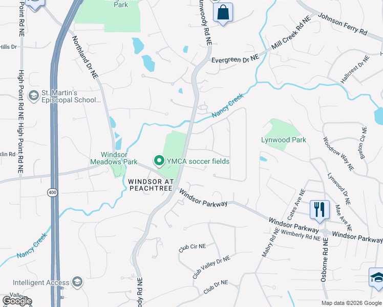 map of restaurants, bars, coffee shops, grocery stores, and more near 4815 Peachtree Dunwoody Road Northeast in Atlanta