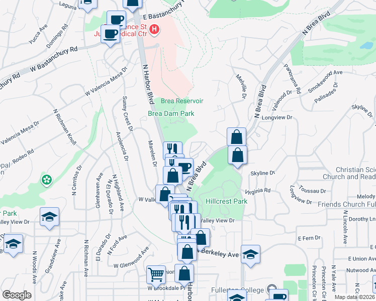 map of restaurants, bars, coffee shops, grocery stores, and more near 1421 University Circle in Fullerton