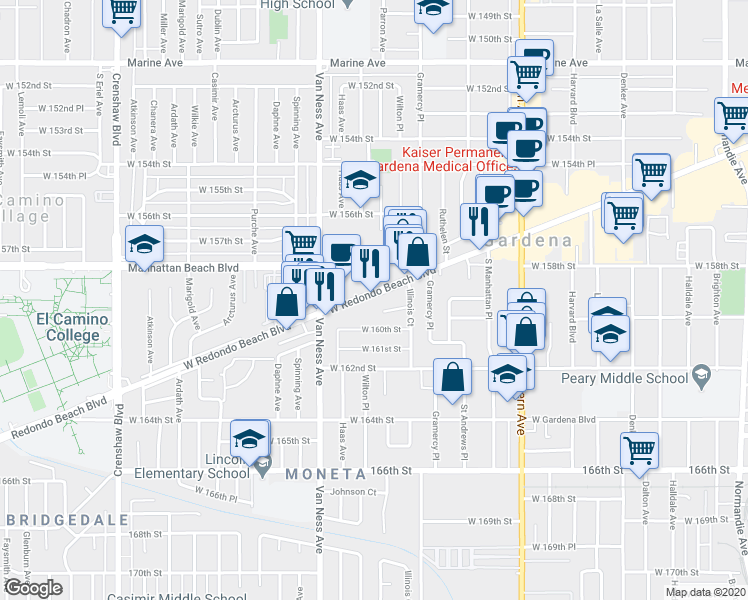 map of restaurants, bars, coffee shops, grocery stores, and more near 2072 West Redondo Beach Boulevard in Torrance