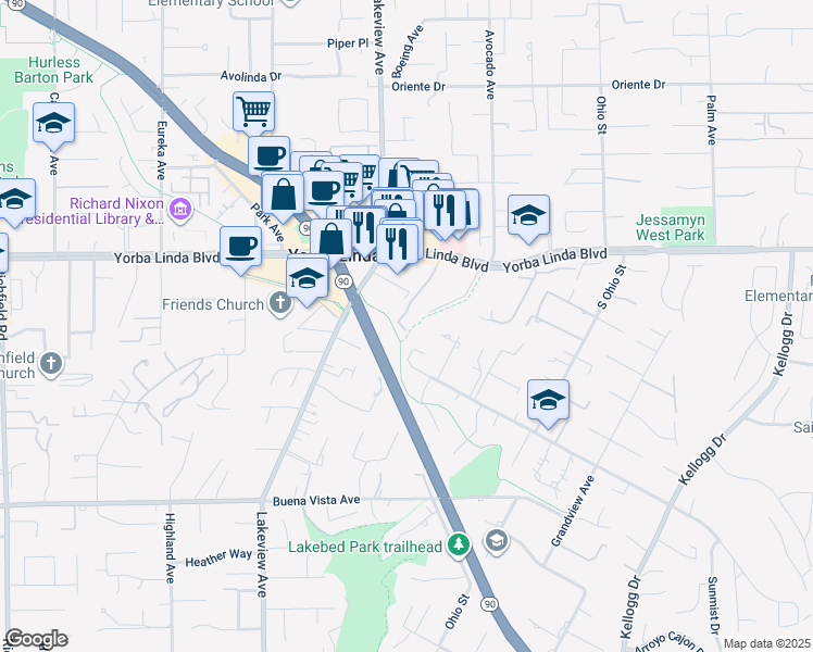map of restaurants, bars, coffee shops, grocery stores, and more near 18700 Yorba Linda Boulevard in Yorba Linda