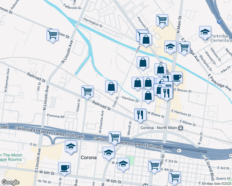 map of restaurants, bars, coffee shops, grocery stores, and more near 312 Cota Street in Corona