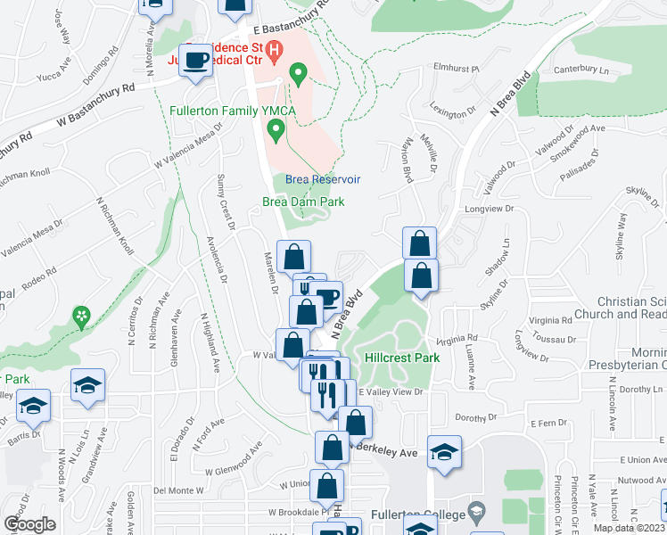 map of restaurants, bars, coffee shops, grocery stores, and more near 1421 University Circle in Fullerton