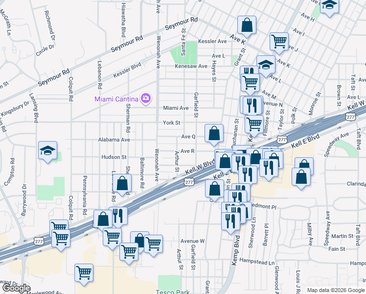 map of restaurants, bars, coffee shops, grocery stores, and more near 3111 Avenue Q in Wichita Falls