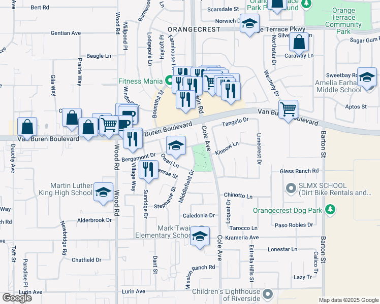 map of restaurants, bars, coffee shops, grocery stores, and more near 9103 Middlefield Drive in Riverside