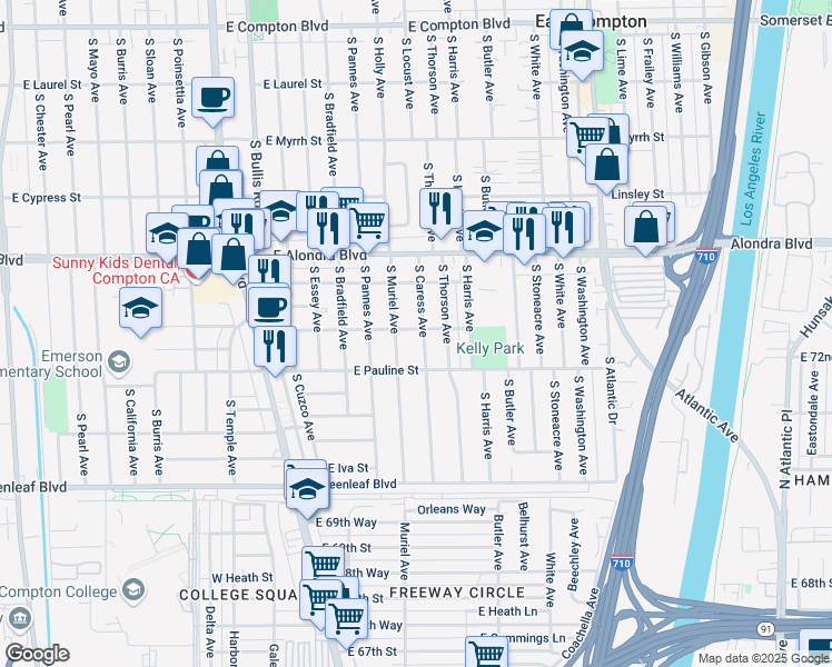 map of restaurants, bars, coffee shops, grocery stores, and more near 16225 South Caress Avenue in Compton