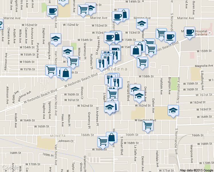 map of restaurants, bars, coffee shops, grocery stores, and more near 15906 South Manhattan Place in Gardena