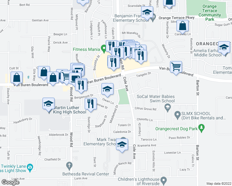 map of restaurants, bars, coffee shops, grocery stores, and more near 9109 Middlefield Drive in Riverside