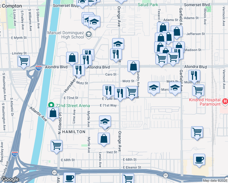map of restaurants, bars, coffee shops, grocery stores, and more near 6824 Marcelle Street in Paramount