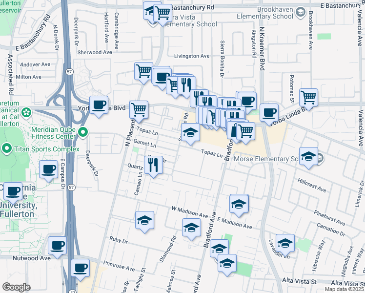 map of restaurants, bars, coffee shops, grocery stores, and more near 3100 Topaz Lane in Fullerton