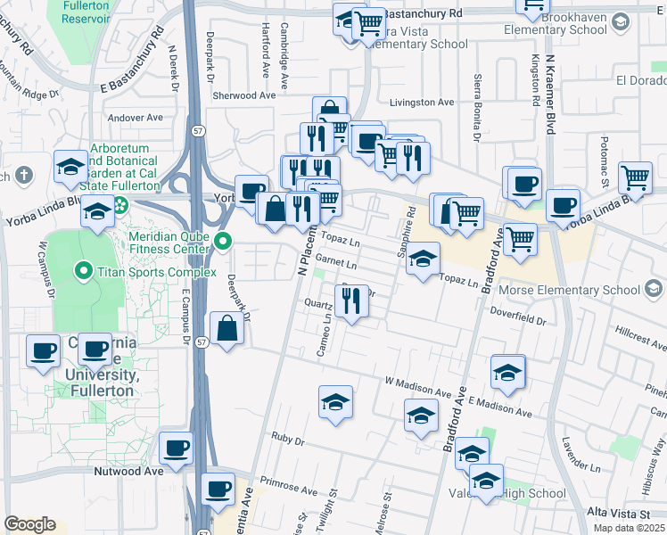 map of restaurants, bars, coffee shops, grocery stores, and more near 3018 Garnet Lane in Fullerton
