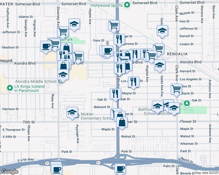 map of restaurants, bars, coffee shops, grocery stores, and more near 16239 Lakewood Boulevard in Bellflower