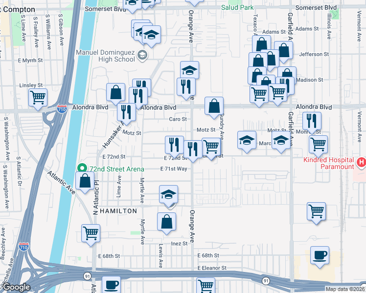 map of restaurants, bars, coffee shops, grocery stores, and more near 16225 Orange Avenue in Paramount