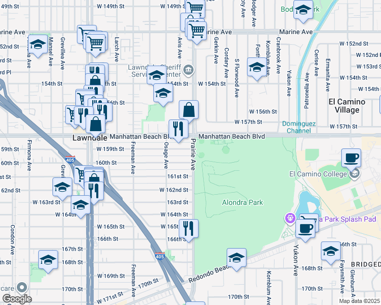 map of restaurants, bars, coffee shops, grocery stores, and more near 15827 Prairie Avenue in Lawndale