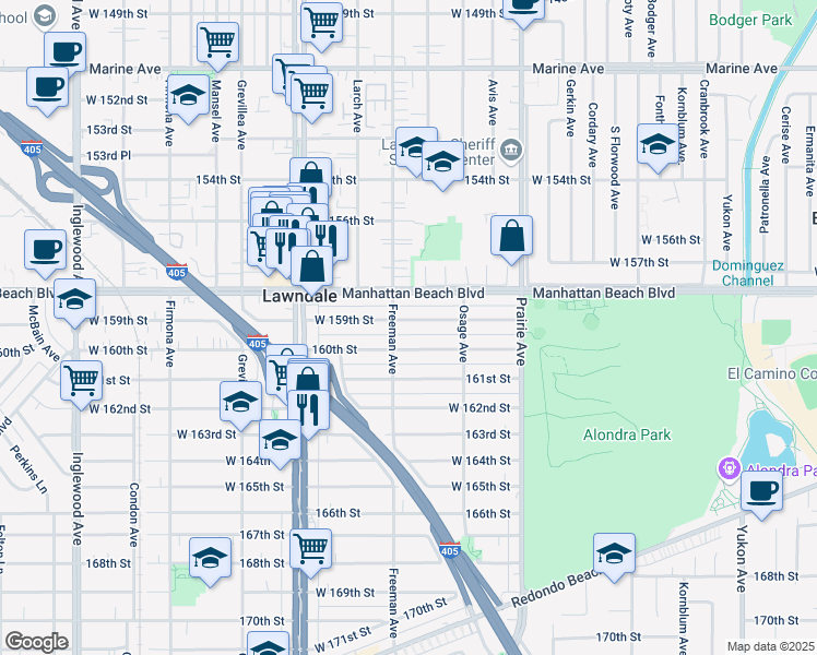 map of restaurants, bars, coffee shops, grocery stores, and more near 4169 159th Street in Lawndale