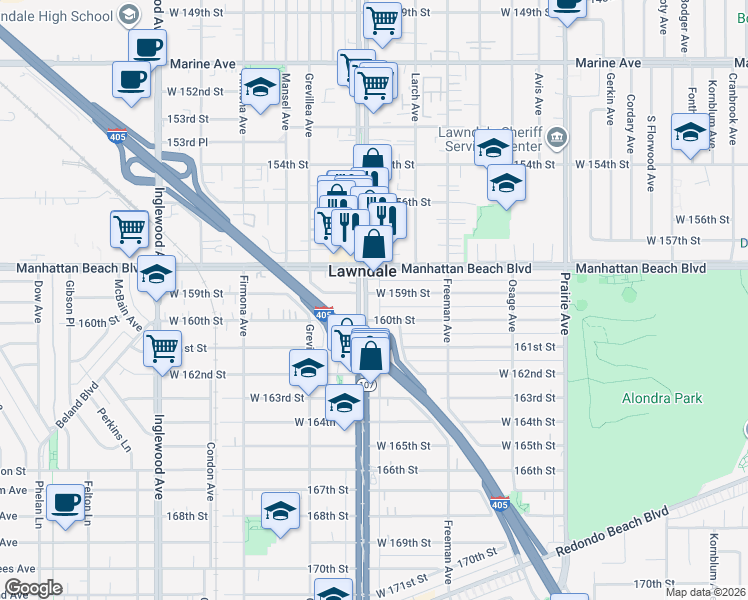 map of restaurants, bars, coffee shops, grocery stores, and more near 4335 West 159th Street in Lawndale
