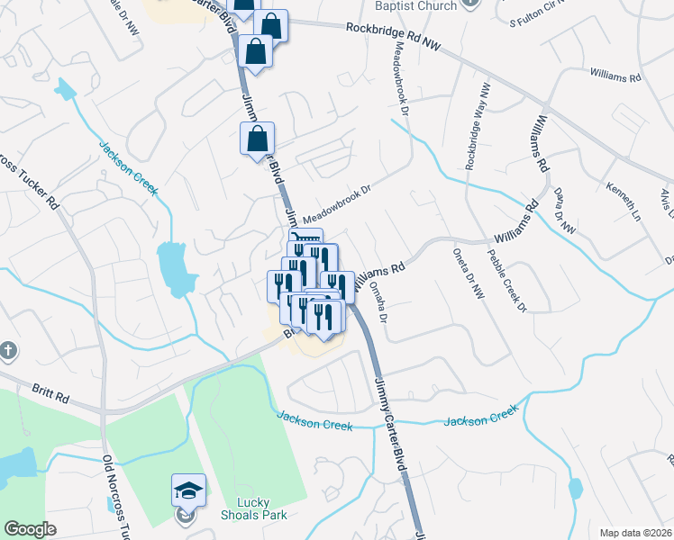 map of restaurants, bars, coffee shops, grocery stores, and more near 6112 Brookechase Lane in Norcross