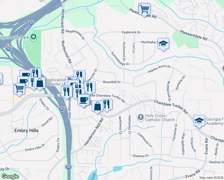 map of restaurants, bars, coffee shops, grocery stores, and more near 3543 Beachhill Drive in Doraville