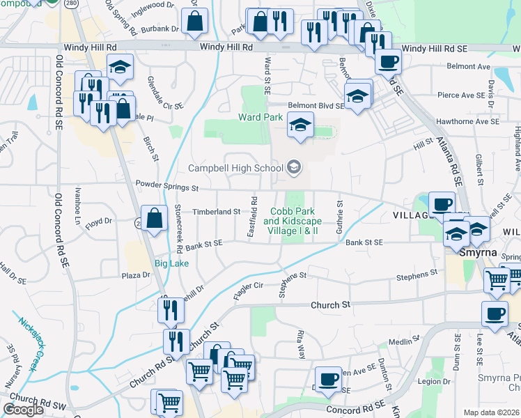 map of restaurants, bars, coffee shops, grocery stores, and more near 2735 Eastfield Road in Smyrna