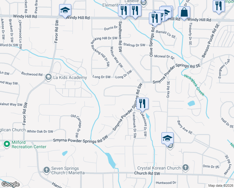 map of restaurants, bars, coffee shops, grocery stores, and more near 172 Timber Creek Lane Southwest in Marietta