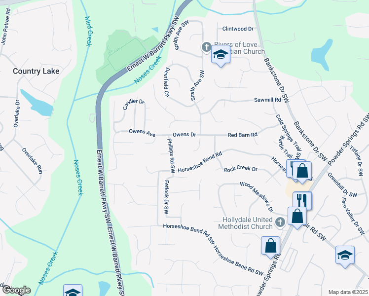 map of restaurants, bars, coffee shops, grocery stores, and more near 2626 Smith Avenue Southwest in Marietta